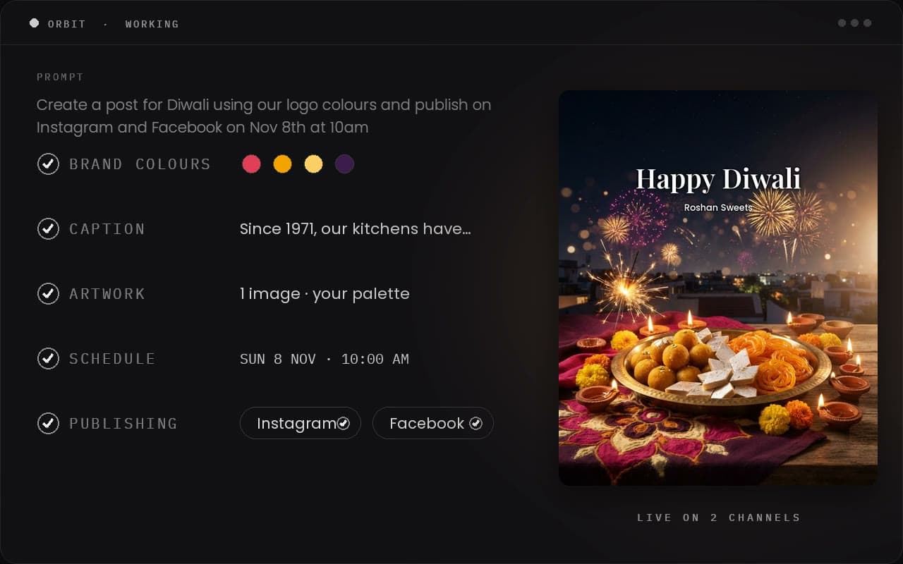 Orbit turning a one-line request into a Diwali post with caption, artwork and schedule